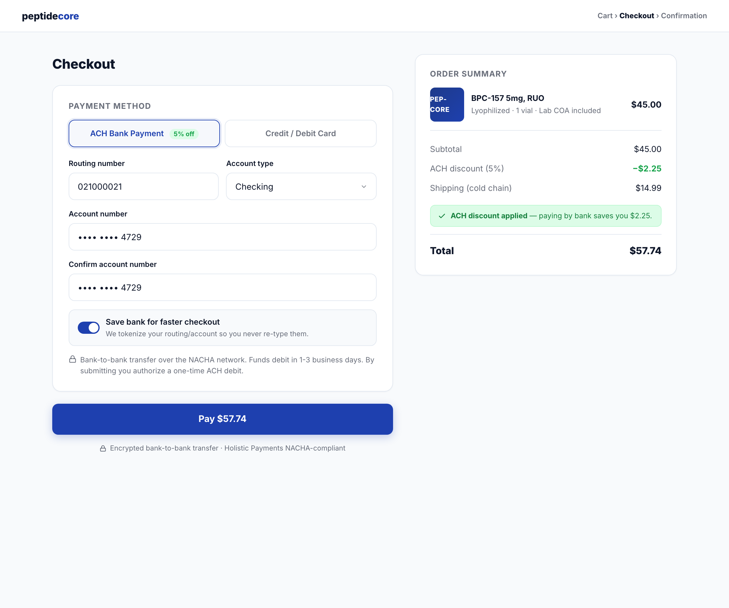 ACH Bank Payment checkout, routing number, account number, account type selector, save-bank-for-faster-checkout option, order summary with 5% ACH discount applied