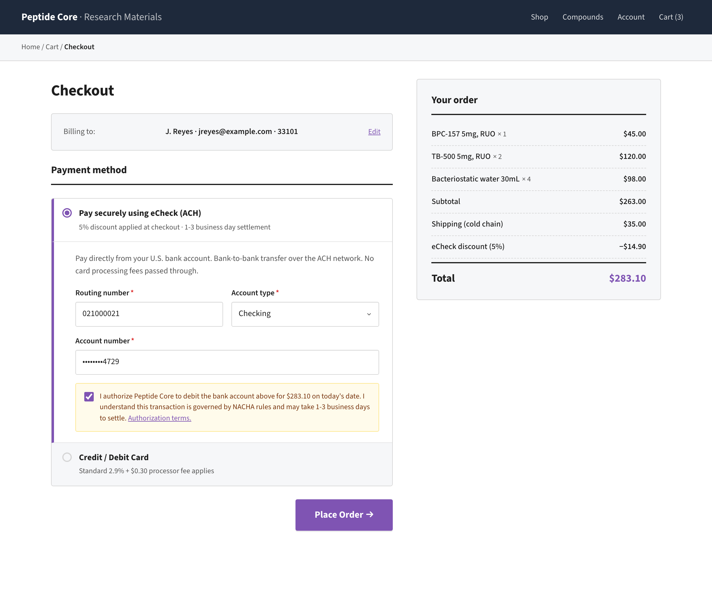 WooCommerce eCheck checkout, Pay securely using eCheck option selected, routing number + account number + account type fields, ACH authorization checkbox, Place Order button, Peptide Core order summary totaling $298